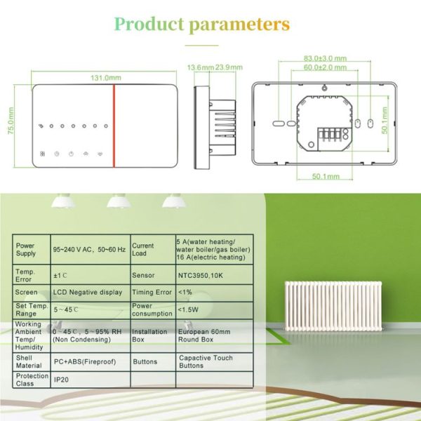 BHT-005-GBLW 220V AC 16A Smart Home Heating Thermostat for EU Box, Control Electric Heating with Only Internal Sensor & WIFI Connection - Image 6