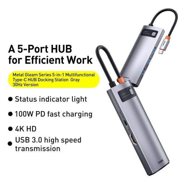 Baseus WKWG020013 Metal Gleam Series 5-in-1 Multifunctional Type-C HUB Docking Station 30Hz (Grey) - Image 2