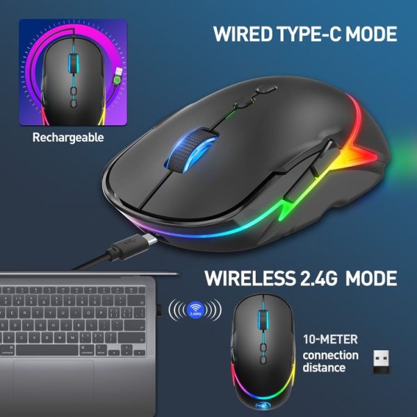 HXSJ T200 2.4G 3200dpi Adjustable 7-Keys RGB Light Wireless Mouse (Black) - Image 2