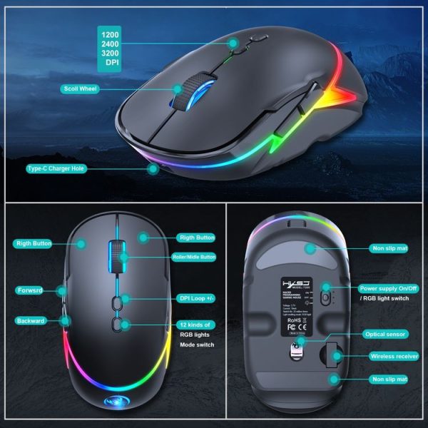 HXSJ T200 2.4G 3200dpi Adjustable 7-Keys RGB Light Wireless Mouse (Black) - Image 7