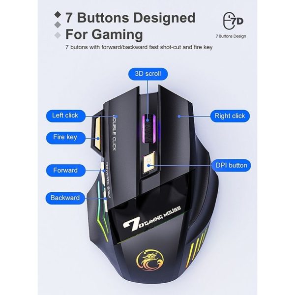 IMICE GW-X7 2.4G + Bluetooth Dual Mode 7-button Silent Rechargeable Wireless Gaming Mouse with Colorful RGB Lights (Black) - Image 4