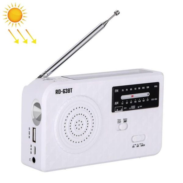 RD-638T Two-band Solar Powered AM / FM Radio Player Flashlight with Dynamo Function (White)