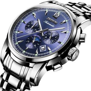 JIN SHI DUN 8750 Men Fashion Waterproof Luminous Mechanical Watch (Silver Blue)