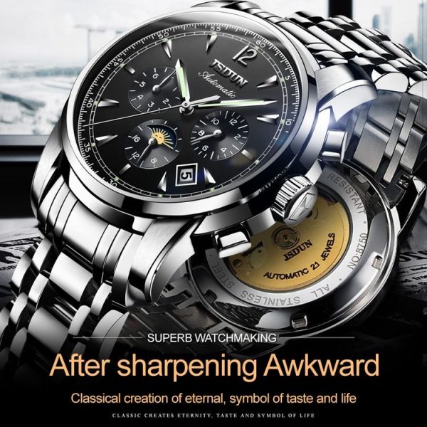 JIN SHI DUN 8750 Men Fashion Waterproof Luminous Mechanical Watch (Silver Blue) - Image 10