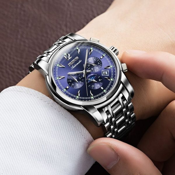JIN SHI DUN 8750 Men Fashion Waterproof Luminous Mechanical Watch (Silver Blue) - Image 13