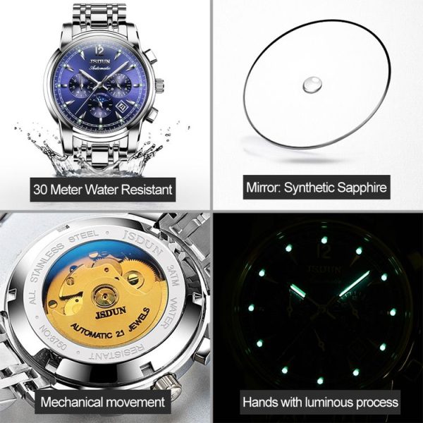 JIN SHI DUN 8750 Men Fashion Waterproof Luminous Mechanical Watch (Silver Blue) - Image 5