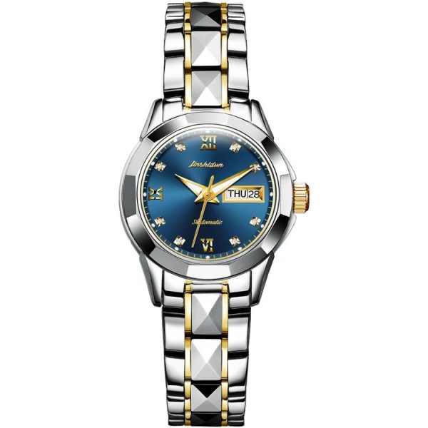 JIN SHI DUN 8813 Fashion Waterproof Luminous Automatic Mechanical Watch, Style: Women (Silver Gold Blue)