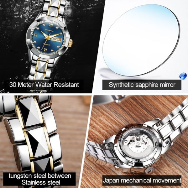 JIN SHI DUN 8813 Fashion Waterproof Luminous Automatic Mechanical Watch, Style: Women (Silver Gold Blue) - Image 4