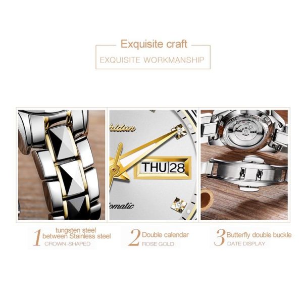 JIN SHI DUN 8813 Fashion Waterproof Luminous Automatic Mechanical Watch, Style: Women (Silver Gold Blue) - Image 5