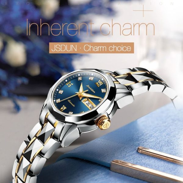 JIN SHI DUN 8813 Fashion Waterproof Luminous Automatic Mechanical Watch, Style: Women (Silver Gold Blue) - Image 7