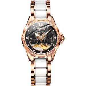 JIN SHI DUN 8831 Women Fashion Diamond Hollowed Waterproof Ceramic Mechanical Watch (Black)