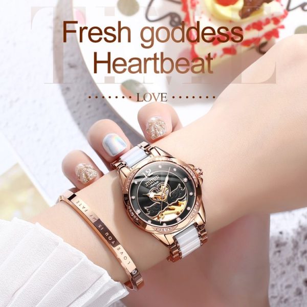 JIN SHI DUN 8831 Women Fashion Diamond Hollowed Waterproof Ceramic Mechanical Watch (Black) - Image 10