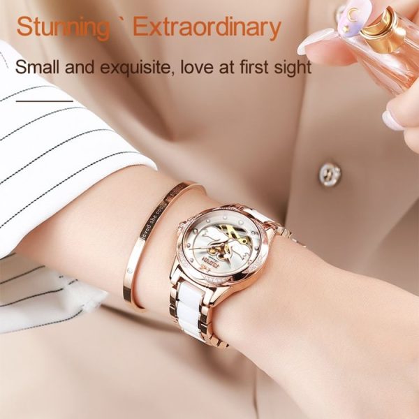 JIN SHI DUN 8831 Women Fashion Diamond Hollowed Waterproof Ceramic Mechanical Watch (Black) - Image 11