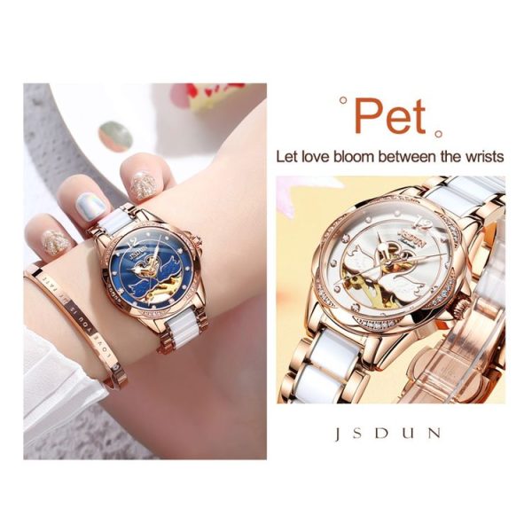 JIN SHI DUN 8831 Women Fashion Diamond Hollowed Waterproof Ceramic Mechanical Watch (Black) - Image 12
