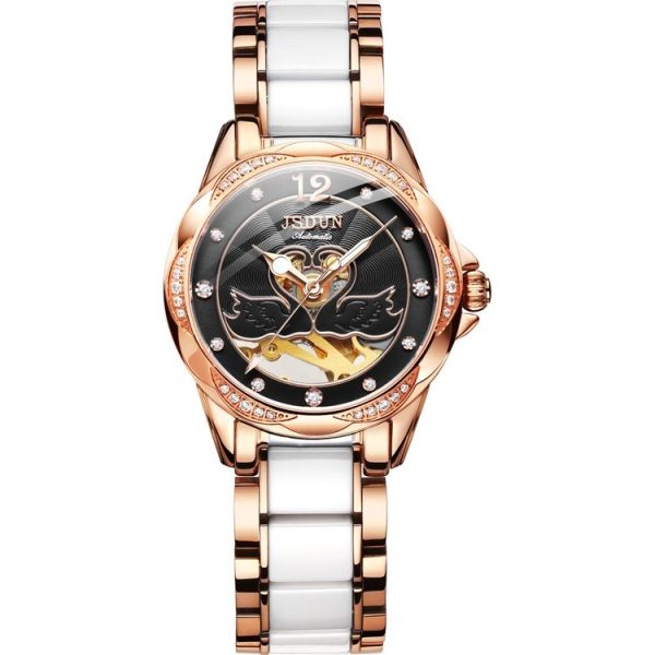 JIN SHI DUN 8831 Women Fashion Diamond Hollowed Waterproof Ceramic Mechanical Watch (Black) - Image 2