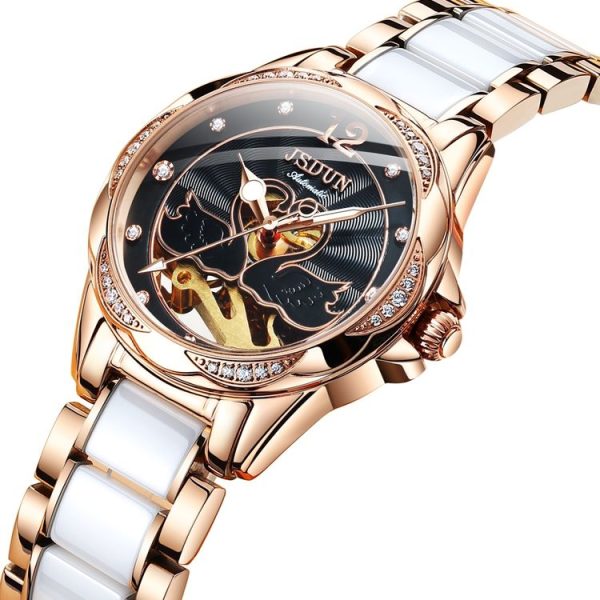 JIN SHI DUN 8831 Women Fashion Diamond Hollowed Waterproof Ceramic Mechanical Watch (Black) - Image 3