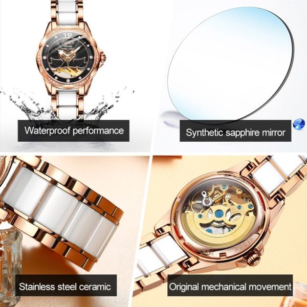 JIN SHI DUN 8831 Women Fashion Diamond Hollowed Waterproof Ceramic Mechanical Watch (Black) - Image 7