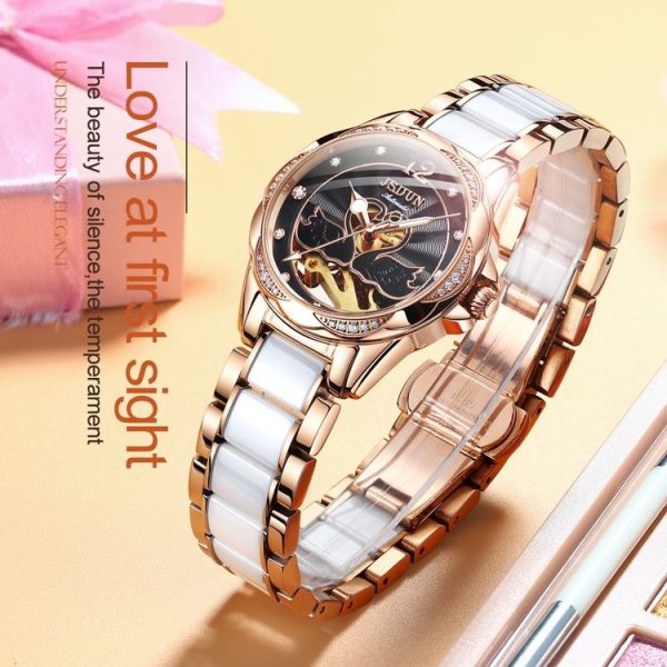 JIN SHI DUN 8831 Women Fashion Diamond Hollowed Waterproof Ceramic Mechanical Watch (Black) - Image 8