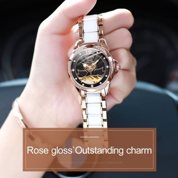 JIN SHI DUN 8831 Women Fashion Diamond Hollowed Waterproof Ceramic Mechanical Watch (Black) - Image 9
