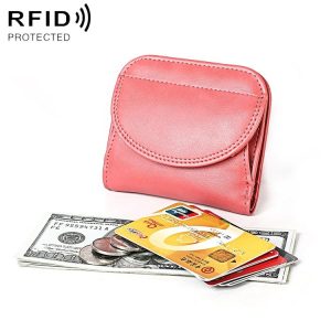 3537 Folding Short RFID Anti-Theft Genuine Leather Coin Purse for Ladies (Pink)
