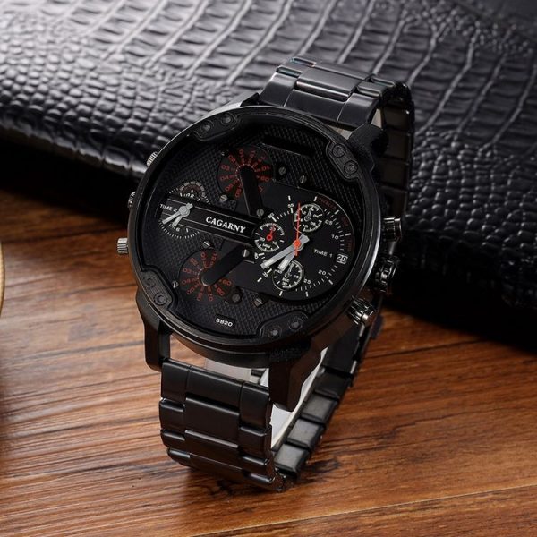 CAGARNY 6820 Round Large Dial Dual Display Quartz Watch For Men (Black Shell Orange Eye Steel Band)