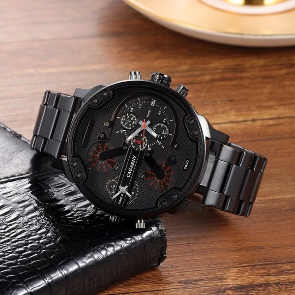 CAGARNY 6820 Round Large Dial Dual Display Quartz Watch For Men (Black Shell Orange Eye Steel Band) - Image 2