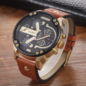 CAGARNY 6820 Round Large Dial Leather Band Quartz Dual Movement Watch For Men (Gold Between Brown Band)