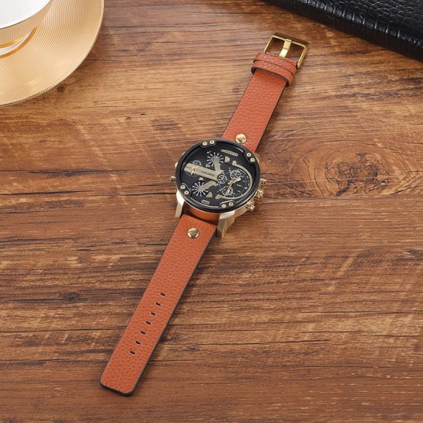 CAGARNY 6820 Round Large Dial Leather Band Quartz Dual Movement Watch For Men (Gold Between Brown Band) - Image 2