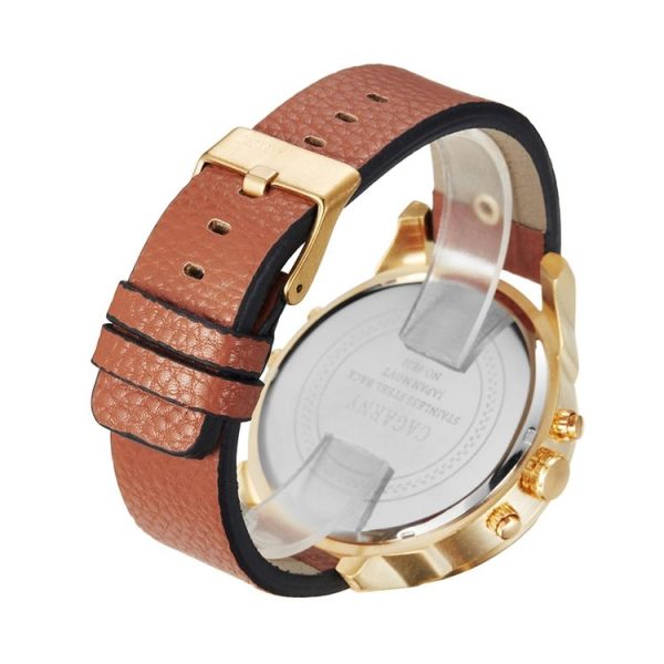 CAGARNY 6820 Round Large Dial Leather Band Quartz Dual Movement Watch For Men (Gold Between Brown Band) - Image 3