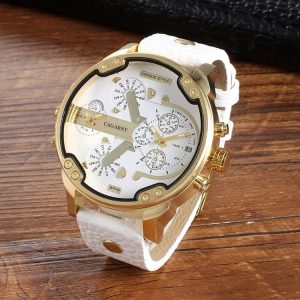 CAGARNY 6820 Round Large Dial Leather Band Quartz Dual Movement Watch For Men (Gold White Surface White Band)