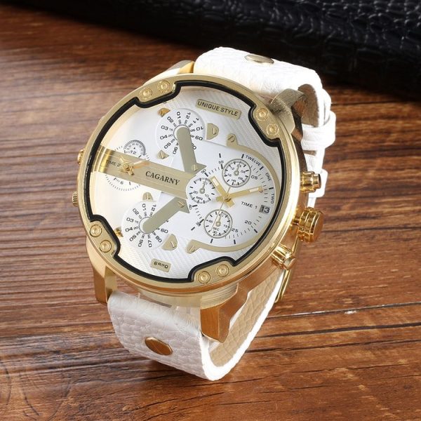 CAGARNY 6820 Round Large Dial Leather Band Quartz Dual Movement Watch For Men (Gold White Surface White Band)