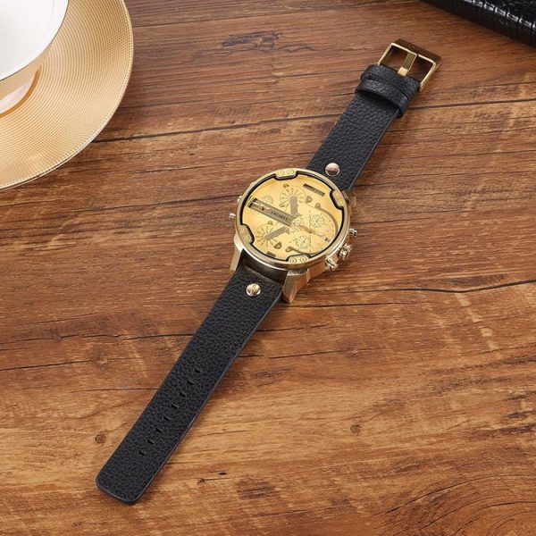 CAGARNY 6820 Round Large Dial Leather Band Quartz Dual Movement Watch For Men (Gold White Surface White Band) - Image 2