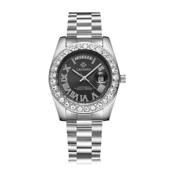 CAGARNY 6886 Diamond-encrusted Roman Numeral Dial Quartz Watch for Men (Silver Shell Black Dial)