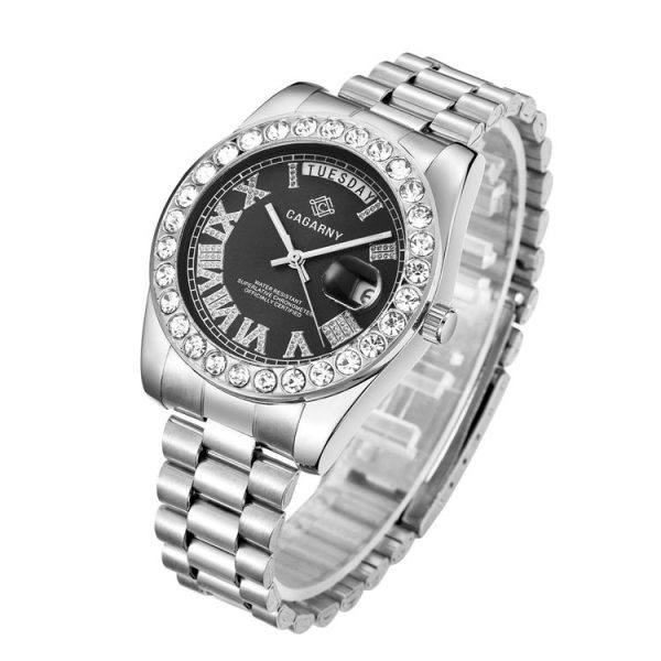 CAGARNY 6886 Diamond-encrusted Roman Numeral Dial Quartz Watch for Men (Silver Shell Black Dial) - Image 2