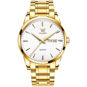 OLEVS 6898 Men Waterproof Luminous Steel Watch Band Quartz Watch (Gold White)