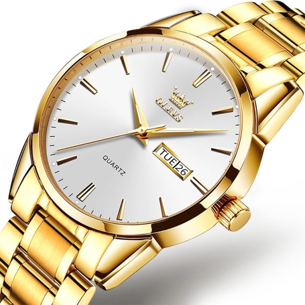 OLEVS 6898 Men Waterproof Luminous Steel Watch Band Quartz Watch (Gold White) - Image 2