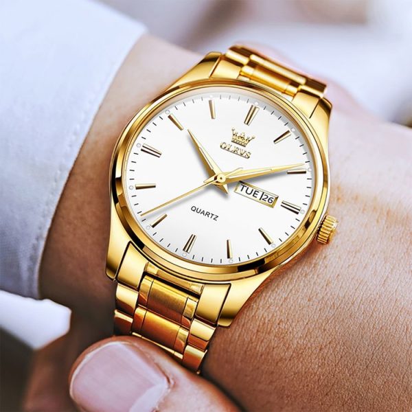 OLEVS 6898 Men Waterproof Luminous Steel Watch Band Quartz Watch (Gold White) - Image 3
