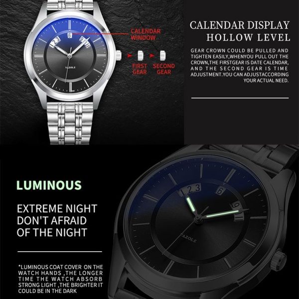 YAZOLE 513 Steel Band Calendar Waterproof Quartz Watch (Black Dial) - Image 4