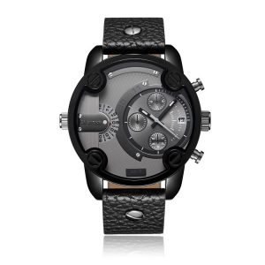 CAGARNY 6819 Multifunctional Dual Time Zone Quartz Business Sport Watch for Men (Black Shell Grey Surface Black Leather)