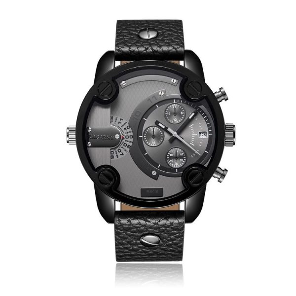 CAGARNY 6819 Multifunctional Dual Time Zone Quartz Business Sport Watch for Men (Black Shell Grey Surface Black Leather)