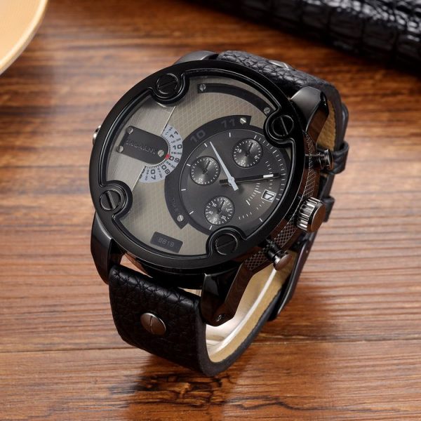 CAGARNY 6819 Multifunctional Dual Time Zone Quartz Business Sport Watch for Men (Black Shell Grey Surface Black Leather) - Image 2