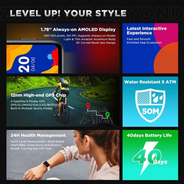 Zeblaze Beyond 1.78 inch AMOLED Display GPS Waterproof 5 ATM Health & Fitness Smart Watch (Black) - Image 3