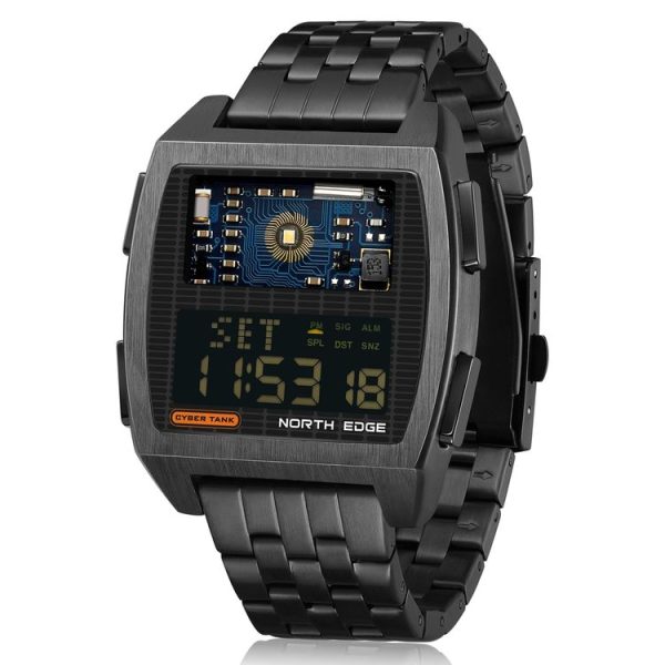 NORTH EDGE CyberTank Stainless Steel Strap Multifunctional Electronic Watch (Black)