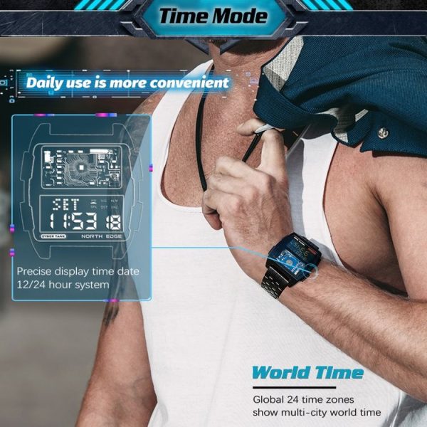 NORTH EDGE CyberTank Stainless Steel Strap Multifunctional Electronic Watch (Black) - Image 7