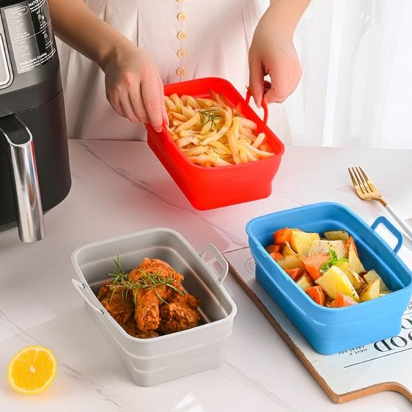 Rectangular Double Pull Basket Foldable Silicone Air Fryer Baking Pan (Brown) - Image 7