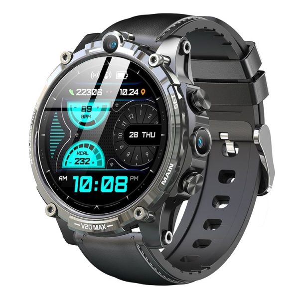 V20 Max 1.6 inch WiFi 4G SIM Card Dual Camera Smart Watch, Memory: Ram 4GB Rom 64GB (Black Leather)