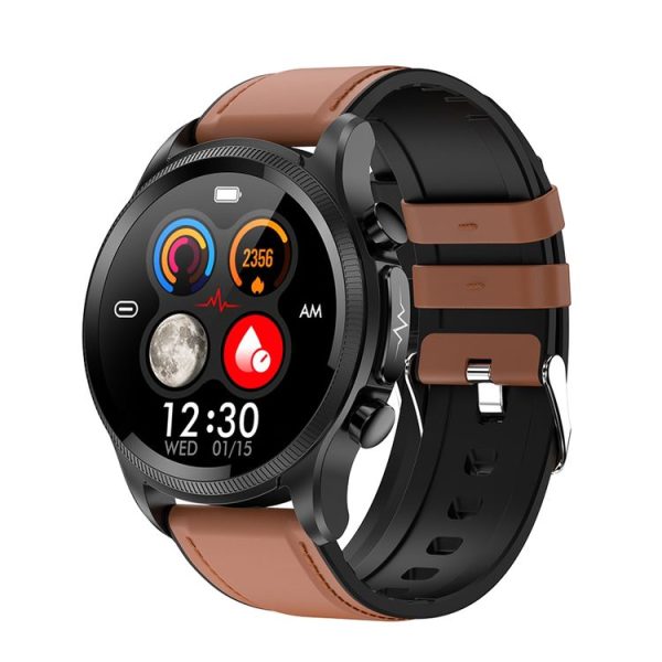 E400 1.39 inch HD Round Screen Leather Strap Smart Watch Supports ECG Monitoring / Non-invasive Blood Sugar (Brown)
