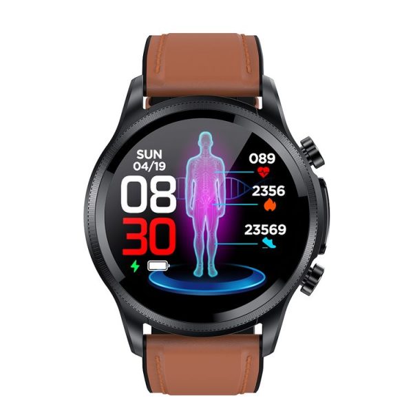 E400 1.39 inch HD Round Screen Leather Strap Smart Watch Supports ECG Monitoring / Non-invasive Blood Sugar (Brown) - Image 2