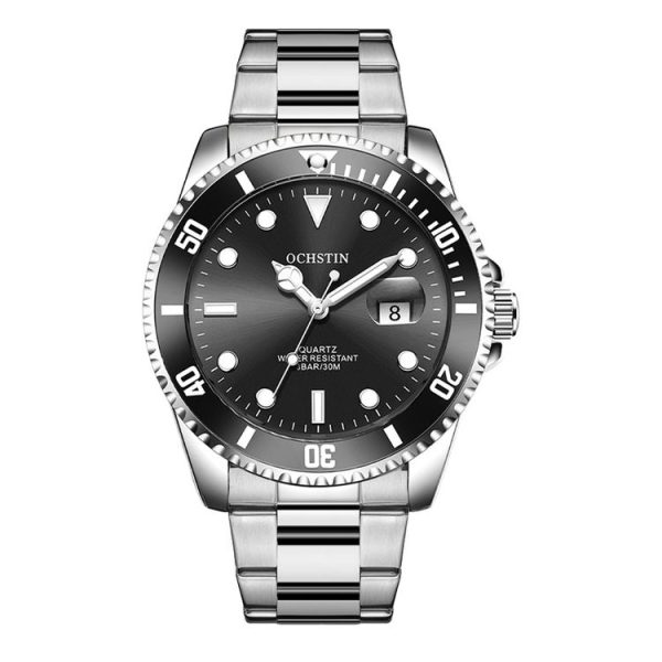Ochstin 5019F Fashion Business Single Calendar Waterproof Stainless Steel Strap Quartz Watch (Silver+Black)