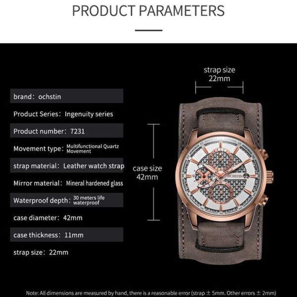 Ochstin 7231 Multifunctional Business Leather Wrist Wrist Waterproof Quartz Watch (Black+Black) - Image 4